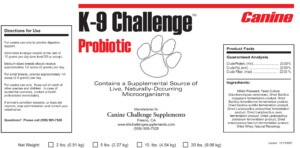 Canine Challenge Probiotic Label