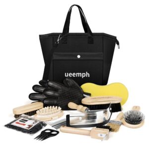 Horse Grooming Kit (12-Piece): Brushes, Storage Bag, Sweat Scraper, Mane Comb, Grooming Gloves, Horse Gift for Girls (Black)