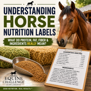Horse Nutrition Label showing crude protein, fat, fiber and ingredients for equine nutrition