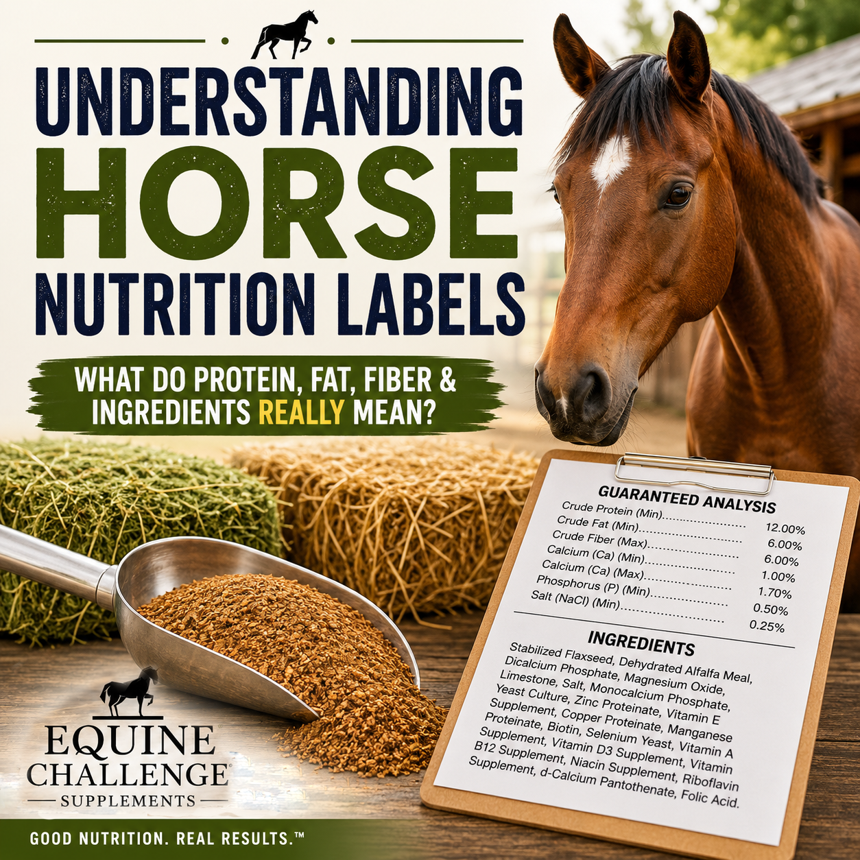 Horse Nutrition Label showing crude protein, fat, fiber and ingredients for equine nutrition